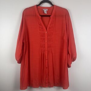 Catherine's Top Sz 0X Red Orange Pleated Button Front Blouse Sheer Flowy Boho